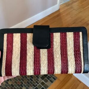 Woven Stripe Clutch Wristlet in Burgundy and Natural with Black Trim